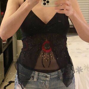 Black Tank top with Spaghetti Straps Silver bling sz XS sexy